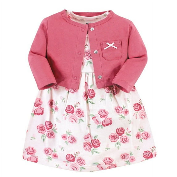 Hudson Baby Toddler Girl Cotton Dress and Cardigan Set, Blush Rose, 18-24 Months