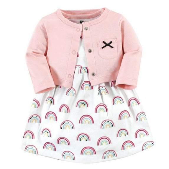 Hudson Baby Toddler Girl Cotton Dress and Cardigan Set, Modern Rainbow, 12-18 Months