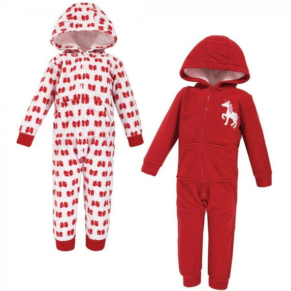 Hudson Baby Toddler Girl Fleece Jumpsuits, Coveralls, and Playsuits 2pk, Christmas Unicorn, 5 Toddler
