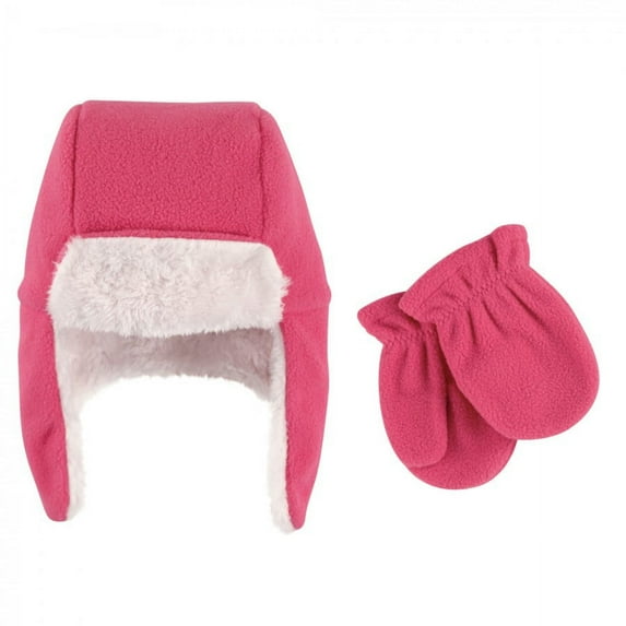 Hudson Baby Toddler Girl Fleece Trapper Hat and Mitten 2pc Set, Dark Pink, 3 Toddler