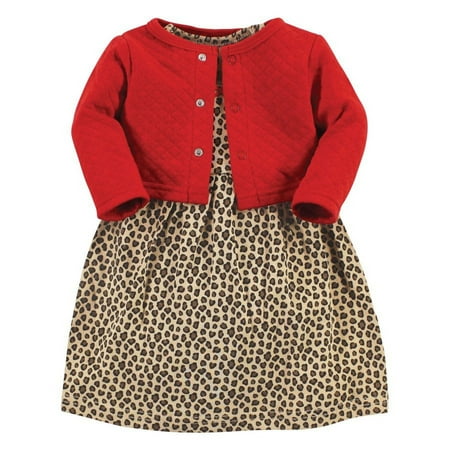 Hudson Baby Toddler Girl Quilted Cardigan and Dress, Leopard Red, 12-18 Months