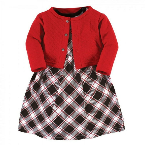 Hudson Baby Toddler and Baby Girl Quilted Cardigan and Dress, Black Red Plaid, 0-3 Months
