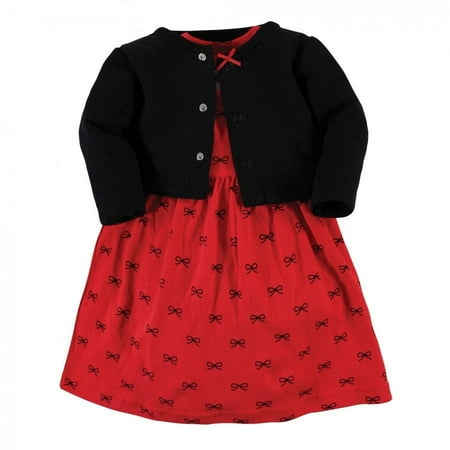 Hudson Baby Toddler and Baby Girl Quilted Cardigan and Dress, Red Black Bows, 4 Toddler