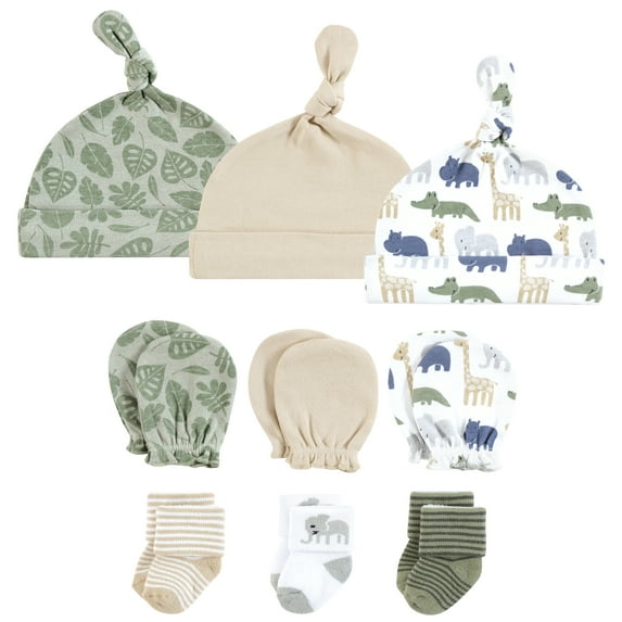 Hudson Baby Unisex Baby Caps, Mittens and Socks Set, Wild Leaf Safari, 0-6 Months