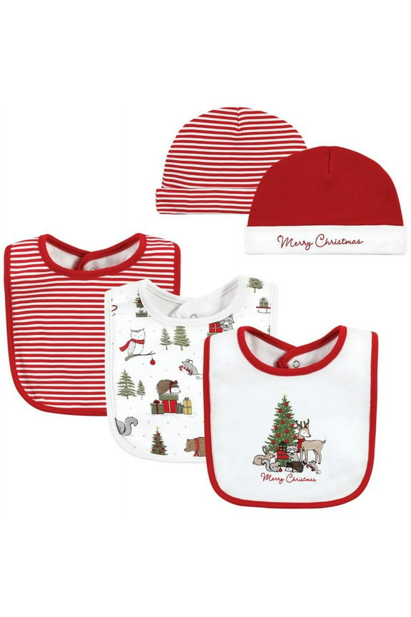 Unisex Baby Cotton Bib and Headband or Caps Set, Christmas Forest, One Size
