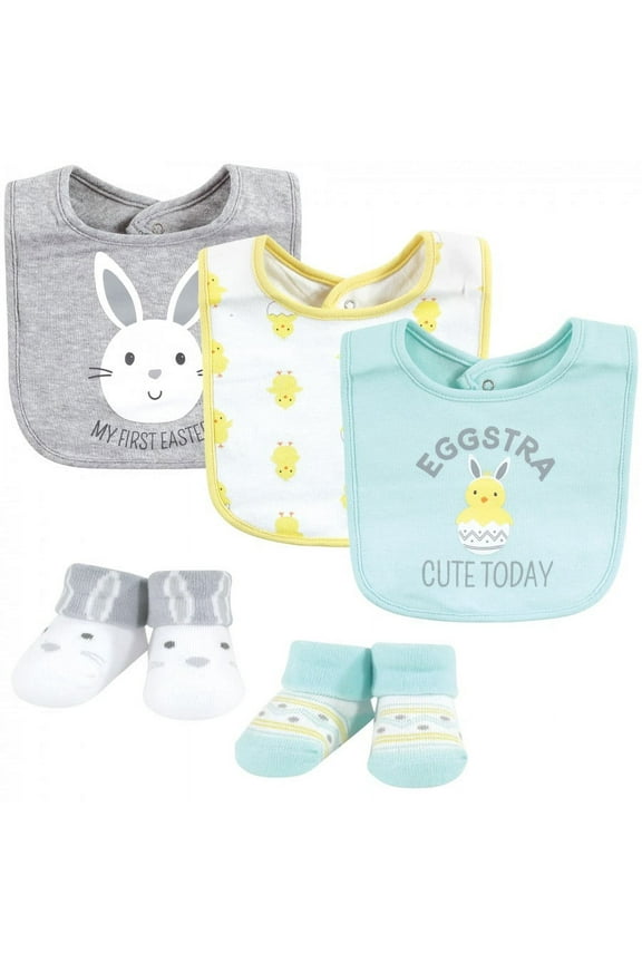 Unisex Baby Cotton Bib and Sock Set, Eggstra Cute, 0-9 Months, 5-Piece