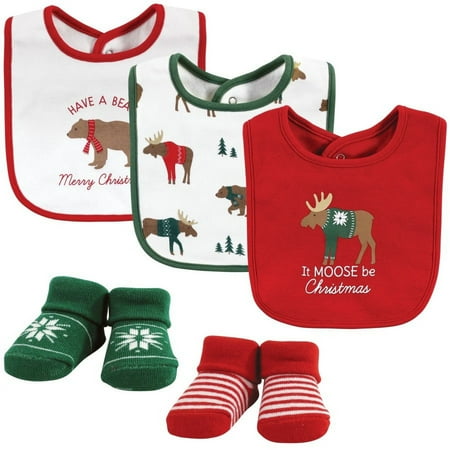Hudson Baby Unisex Baby Cotton Bib and Sock Set, Moose Be Christmas, One Size, 5-Piece
