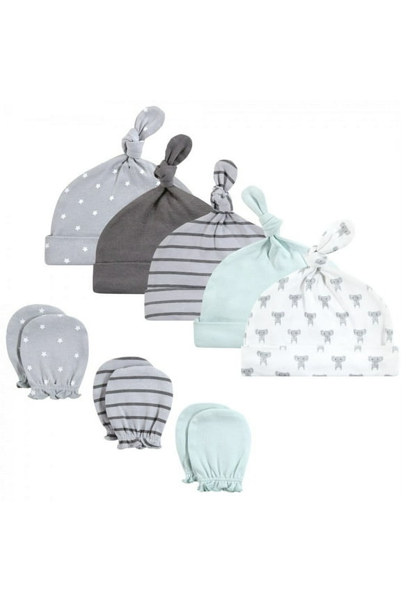 Unisex Baby Cotton Cap and Scratch Mitten Set, Modern Elephant, 0-6 Months