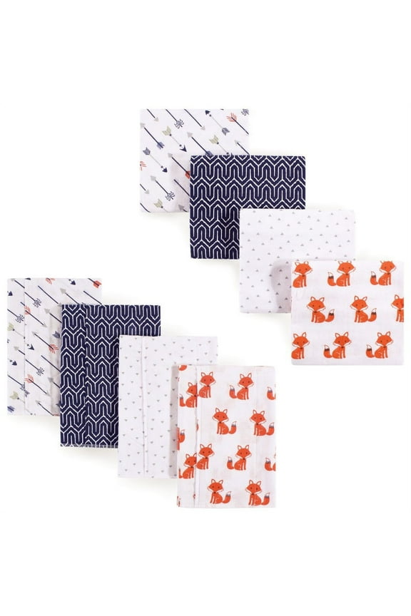 Unisex Baby Cotton Flannel Burp Cloths and Receiving Blankets, 8-Piece, Foxes, One Size