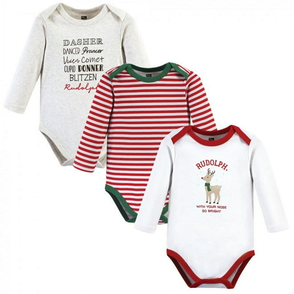 Hudson Baby Unisex Baby Cotton Long-Sleeve Bodysuits, Rudolph Reindeer, 9-12 Months