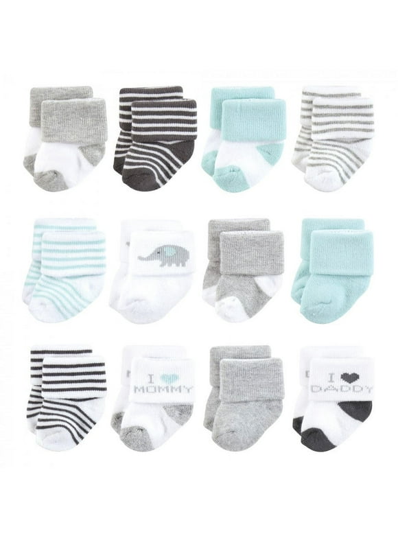 Hudson Baby Unisex Baby Cotton Rich Newborn and Terry Socks, Mom and Dad Gray Mint, 0-6 Months