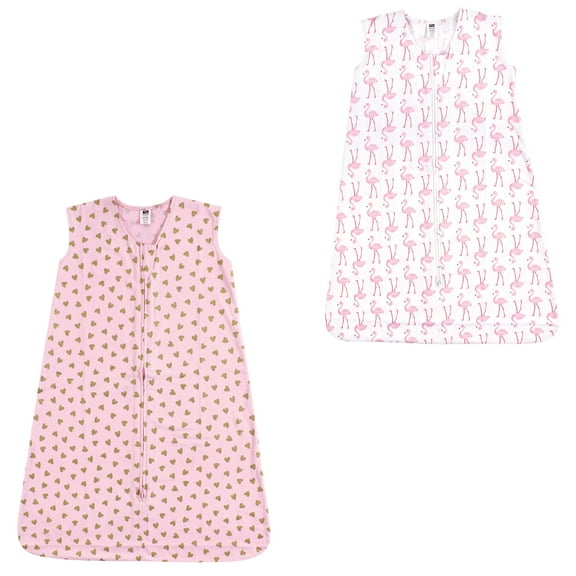 Hudson Baby Unisex Baby Cotton Sleeveless Wearable Sleeping Bag, Sack, Blanket, Gold Hearts And Flamingo 2-Pack, 6-12 Months