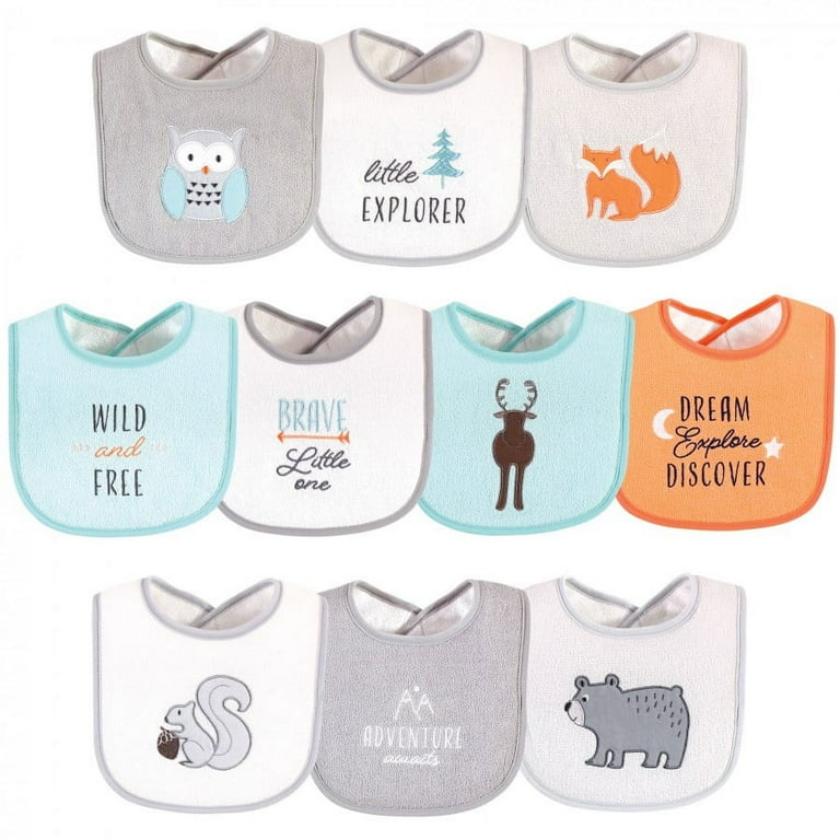 Hudson Baby Unisex Baby Cotton Terry Drooler Bibs with Fiber Filling Neutral Woodland One Size