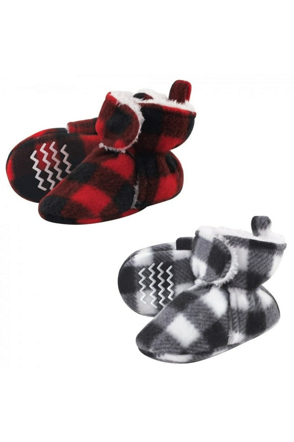 Unisex Baby Cozy Fleece Booties, Red Black White Plaid, 0-6 Months