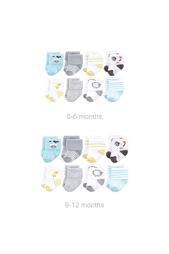Unisex Baby Grow with Me Cotton Terry Socks, Farm 8-Pack, 0-6 and 6-12 Months