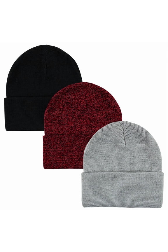 Unisex Baby Knit Cuffed Beanie 3pk, Heather Red Black, Infant Toddler