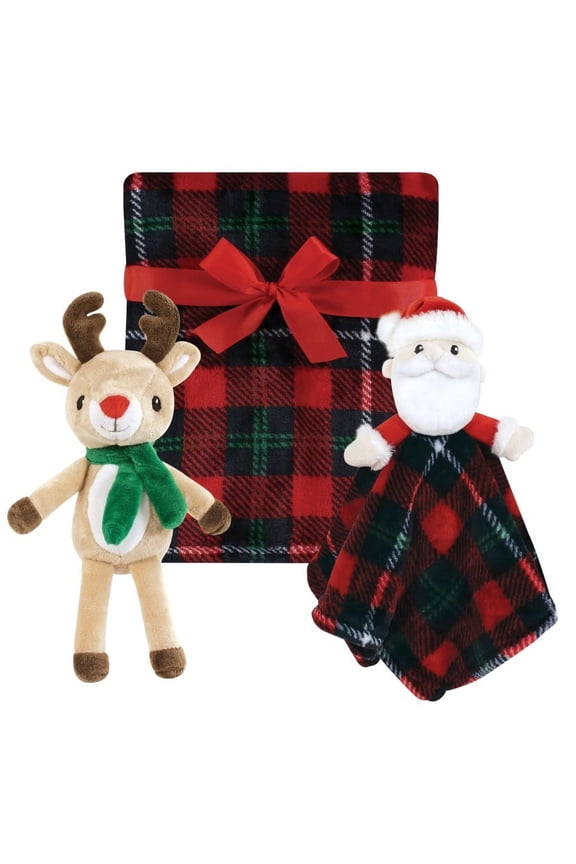 Unisex Baby Plush Blanket with Toy, Rudolph And Santa Plaid, One Size