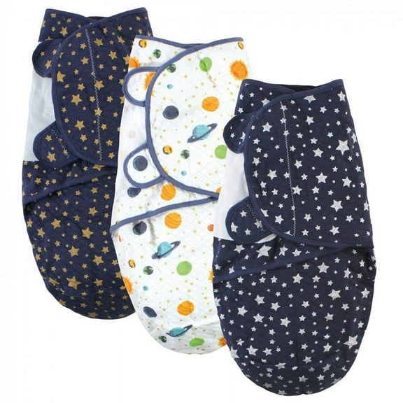 Hudson Baby Unisex Baby Quilted Cotton Swaddle Wrap 3pk, Metallic Stars, 0-3 Months