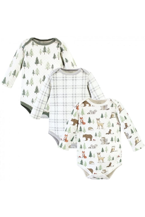 Unisex Baby Quilted Long Sleeve Cotton Bodysuits, Forest Animals, 6-9 Months
