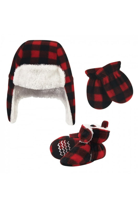 Unisex Baby Trapper Hat, Mitten and Bootie Set, Black Red Plaid, 0-6 Months