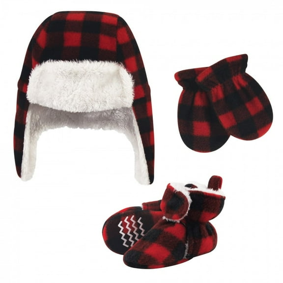 Hudson Baby Unisex Baby Trapper Hat, Mitten and Bootie Set, Black Red Plaid, 0-6 Months