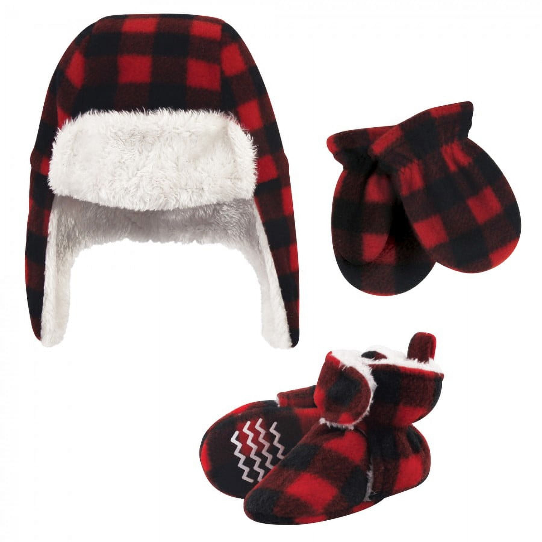 Hudson Baby Unisex Baby Trapper Hat, Mitten and Bootie Set, Black Red