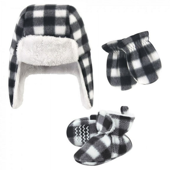 Hudson Baby Unisex Baby Trapper Hat, Mitten and Bootie Set, Black White Plaid, 0-6 Months