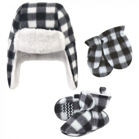 Hudson Baby Unisex Baby Trapper Hat, Mitten and Bootie Set, Black White Plaid, 18-24 Months