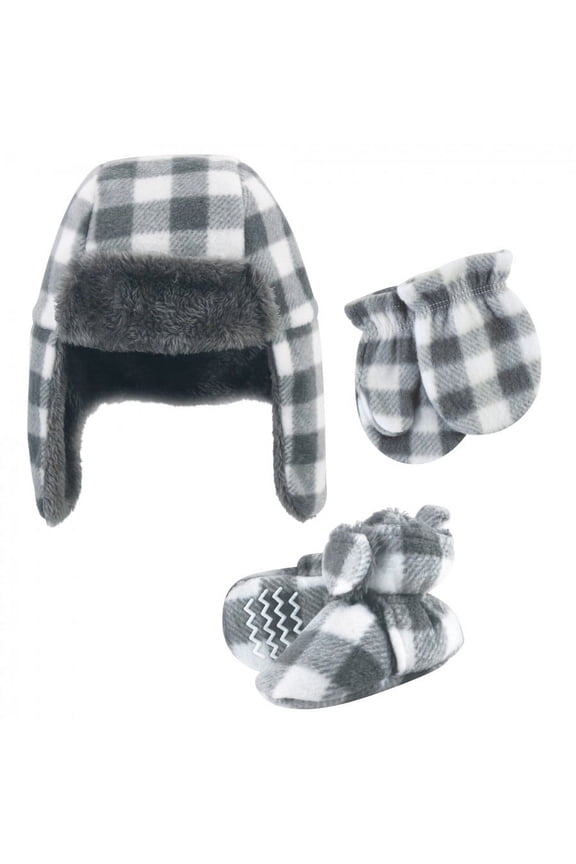 Unisex Baby Trapper Hat, Mitten and Bootie Set, Charcoal White Plaid, 12-18 Months