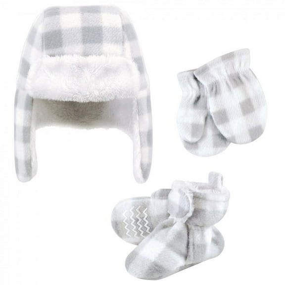 Hudson Baby Unisex Baby Trapper Hat, Mitten and Bootie Set, Gray White Plaid, 12-18 Months
