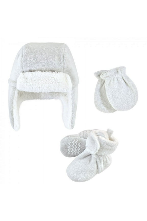 Unisex Baby and Toddler Trapper Hat, Mitten and Bootie Set, Light Gray, 12-18 Months