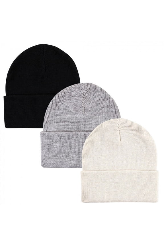 Unisex Knit Cuffed Beanie 3pk, Cream Black, Infant Toddler