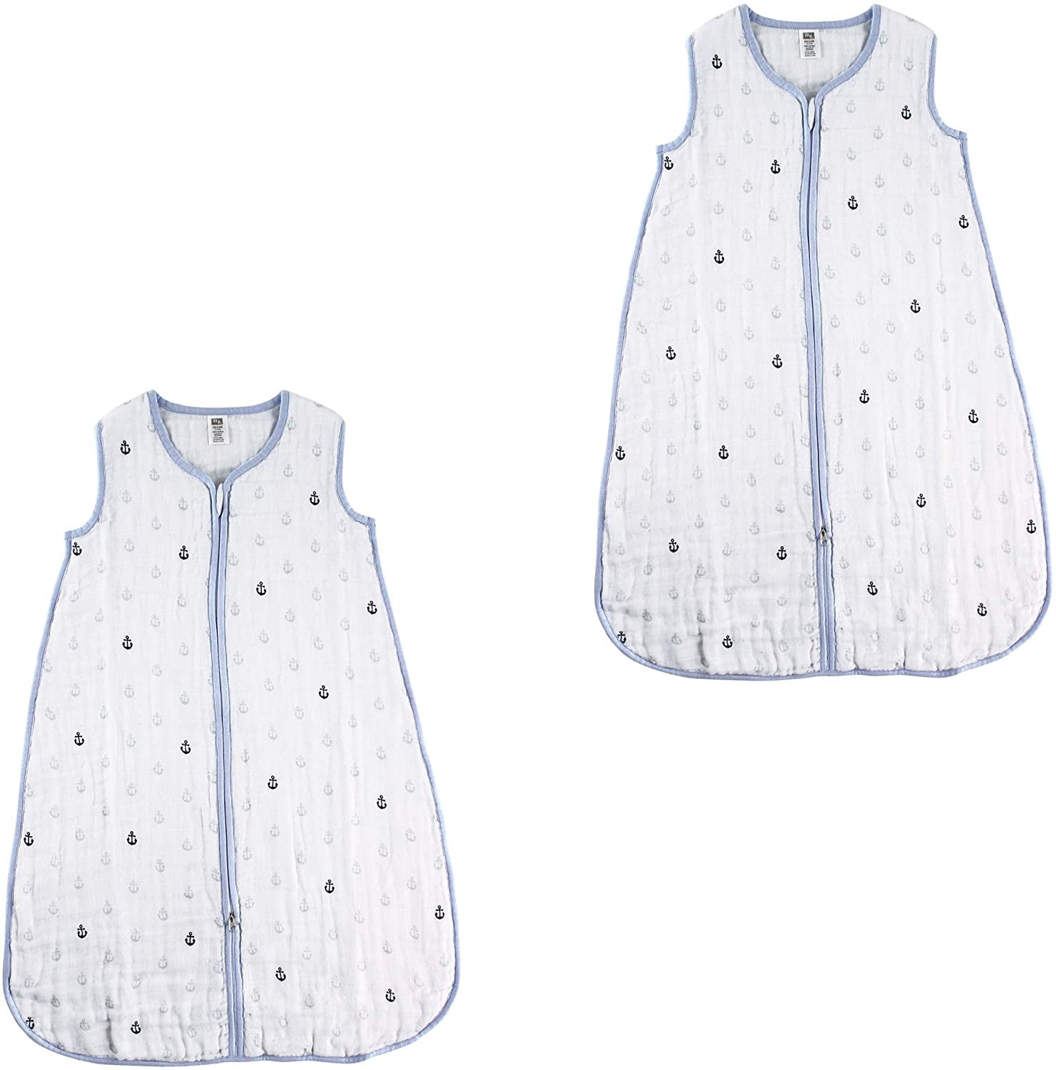 Hudson Baby Unisex Muslin Cotton Sleeveless Wearable Sleeping Bag, Sack, Blanket 0-6 Month Anchors 2-pack