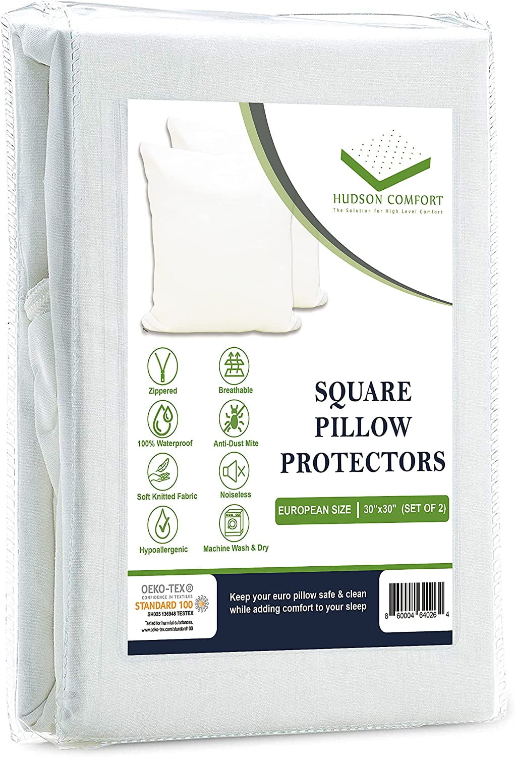 Hudson Comfort 30x30 Pillow Protectors - 100% Waterproof Prevents Feathers from Popping - European Square Zippered Pillow Covers (4 Pack, 30x30 Inch)