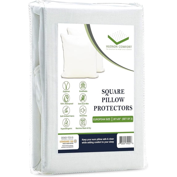 Hudson Comfort Euro 26x26 Pillow Protector - 100% Waterproof, Prevents Feathers from Popping, European Square Zippered Pillow Covers (2 Pack, 26x26 Inch)