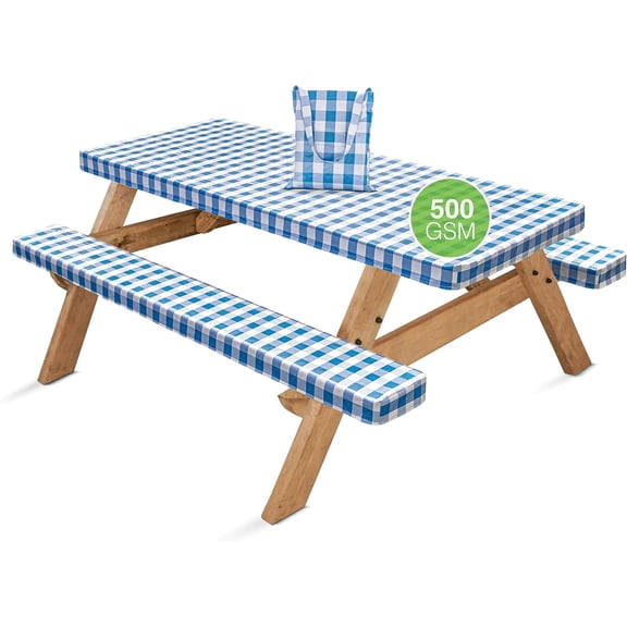 Hudson Comfort Picnic Table Cover with Bench Covers – Reusable Heavy Duty Vinyl Outdoor Table Cover - Waterproof Picnic Tablecloth with Carry Case - 500GSM (Blue, 72x30 Inch) (6 Feet Long)