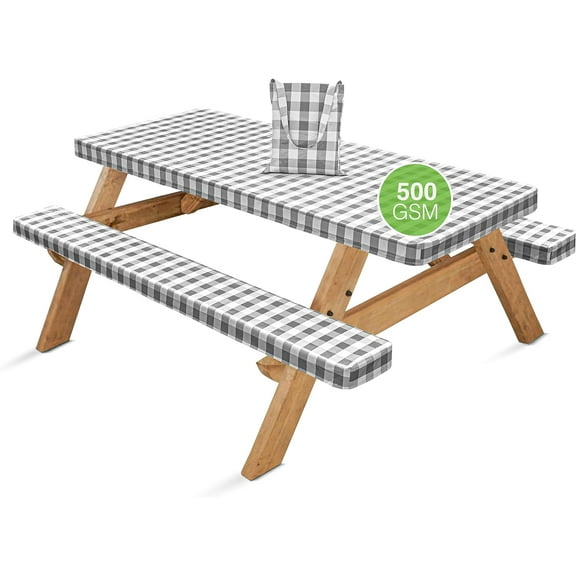 Hudson Comfort Picnic Table Cover with Bench Covers – Reusable Heavy Duty Vinyl Outdoor Table Cover - Waterproof Picnic Tablecloth with Carry Case - 500GSM (Gray, 72x30 Inch) (6 Feet Long)