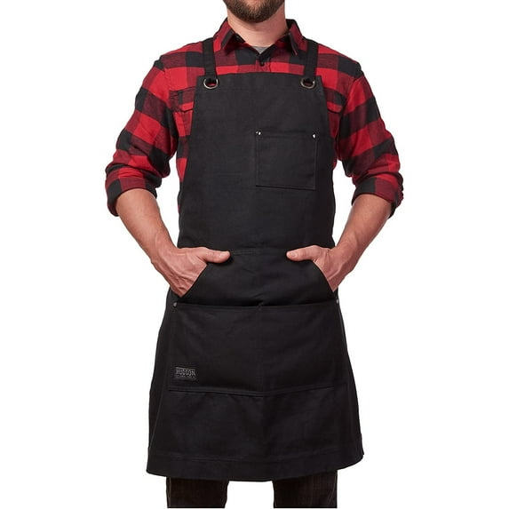 Hudson Durable Goods - Heavy Duty Waxed Canvas Work Apron with Tool Pockets (Black), Cross-Back Straps & Adjustable M to XXL