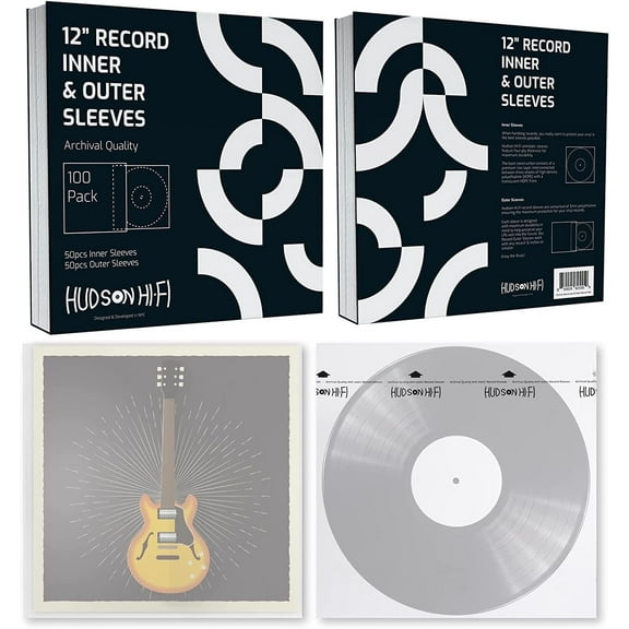 Hudson Hi-Fi 50 ct. Inner Sleeves for Vinyl Records & 50 ct. Vinyl Outer Sleeves - 100 Vinyl Sleeves for Records, Clear Outer & Inner Sleeves for Vinyl Records