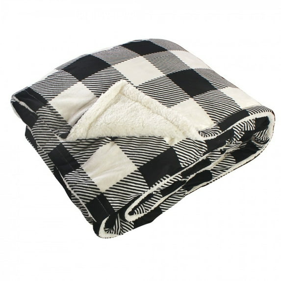 Hudson Home Collection Home Mink Blanket with Faux Shearling Back, Black Cream Plaid Faux Shearling, 50X60 In. (Throw)