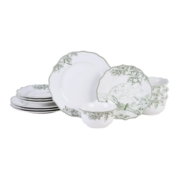 222 Fifth Hudson Valley Traditional Green Porcelain Tableware Set, 12 Piece