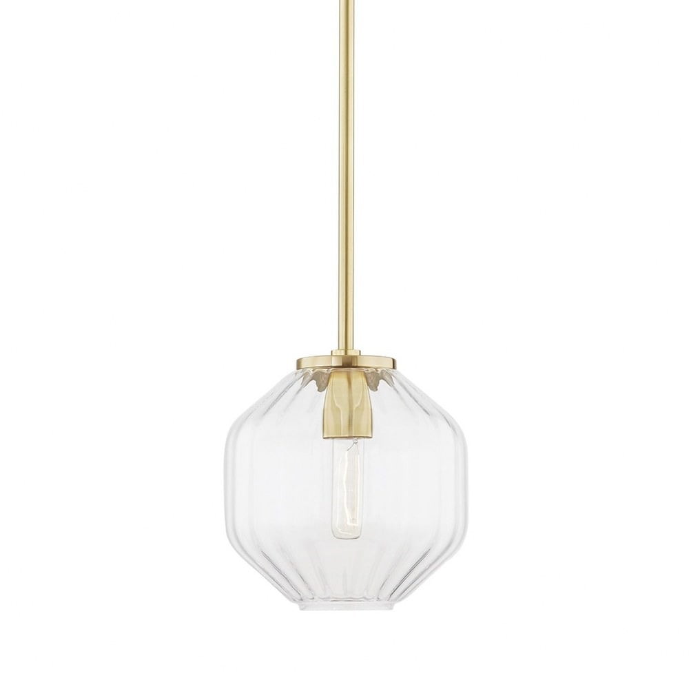 Aged Brass Globe Pendant Light with Pleated Clear Glass