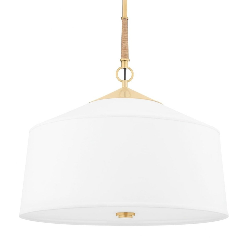 Aged Brass 3-Light Pendant with White Linen Shade and Rattan Accents