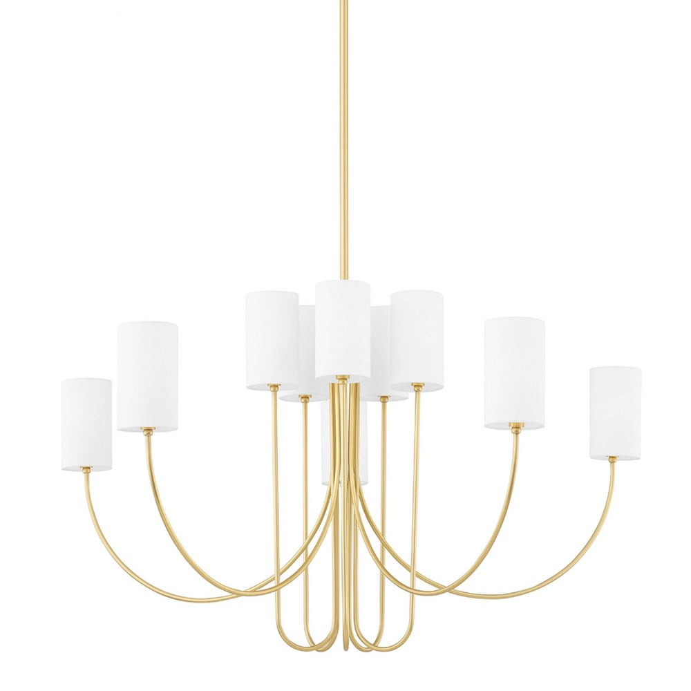 Elegant Aged Brass 10-Light Chandelier with Belgian Linen Shades