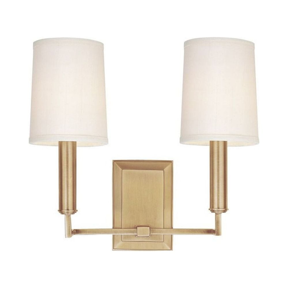 Charlie Dual-Arm Aged Brass Sconce with Off-White Parchment Shades
