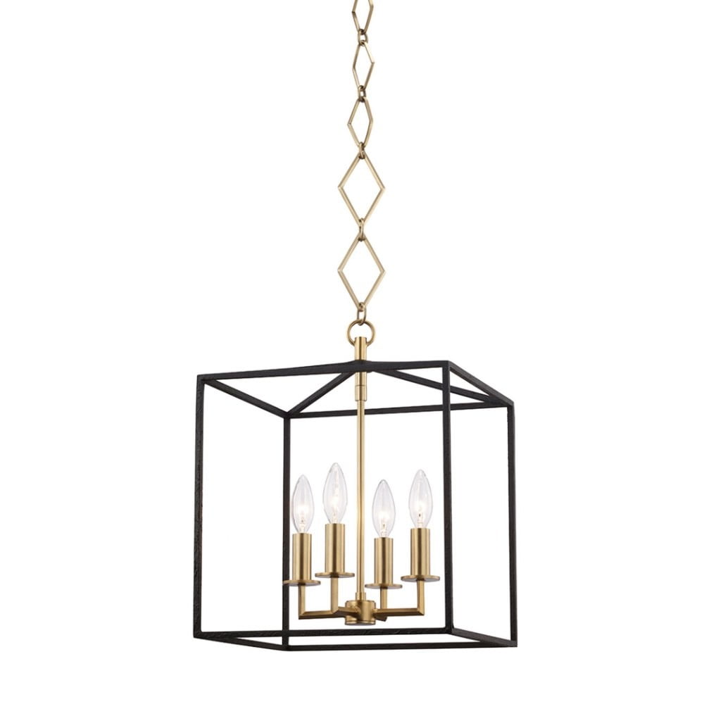 Elegant Aged Brass 4-Light Square Pendant with Textured Black Accents