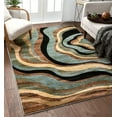 thumbnail image 1 of Hudson Waves Blue Brown Geometric Modern Casual Area Rug Easy to Clean Stain Fade Resistant Shed Free Abstract Contemporary Natural Lines Multi Soft Living Dining Room Rug, 1 of 8