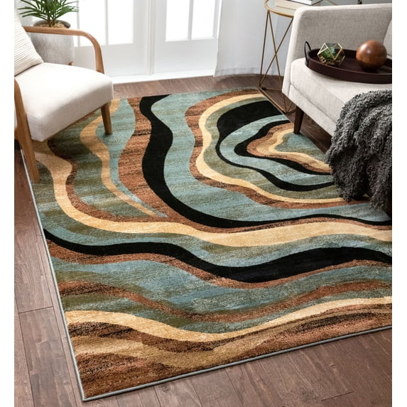 Hudson Waves Blue Brown Geometric Modern Casual Area Rug Easy to Clean Stain Fade Resistant Shed Free Abstract Contemporary Natural Lines Multi Soft Living Dining Room Rug