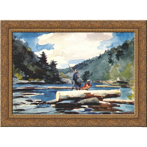Hudson river, logging 24x18 Gold Ornate Wood Framed Canvas Art by Winslow Homer