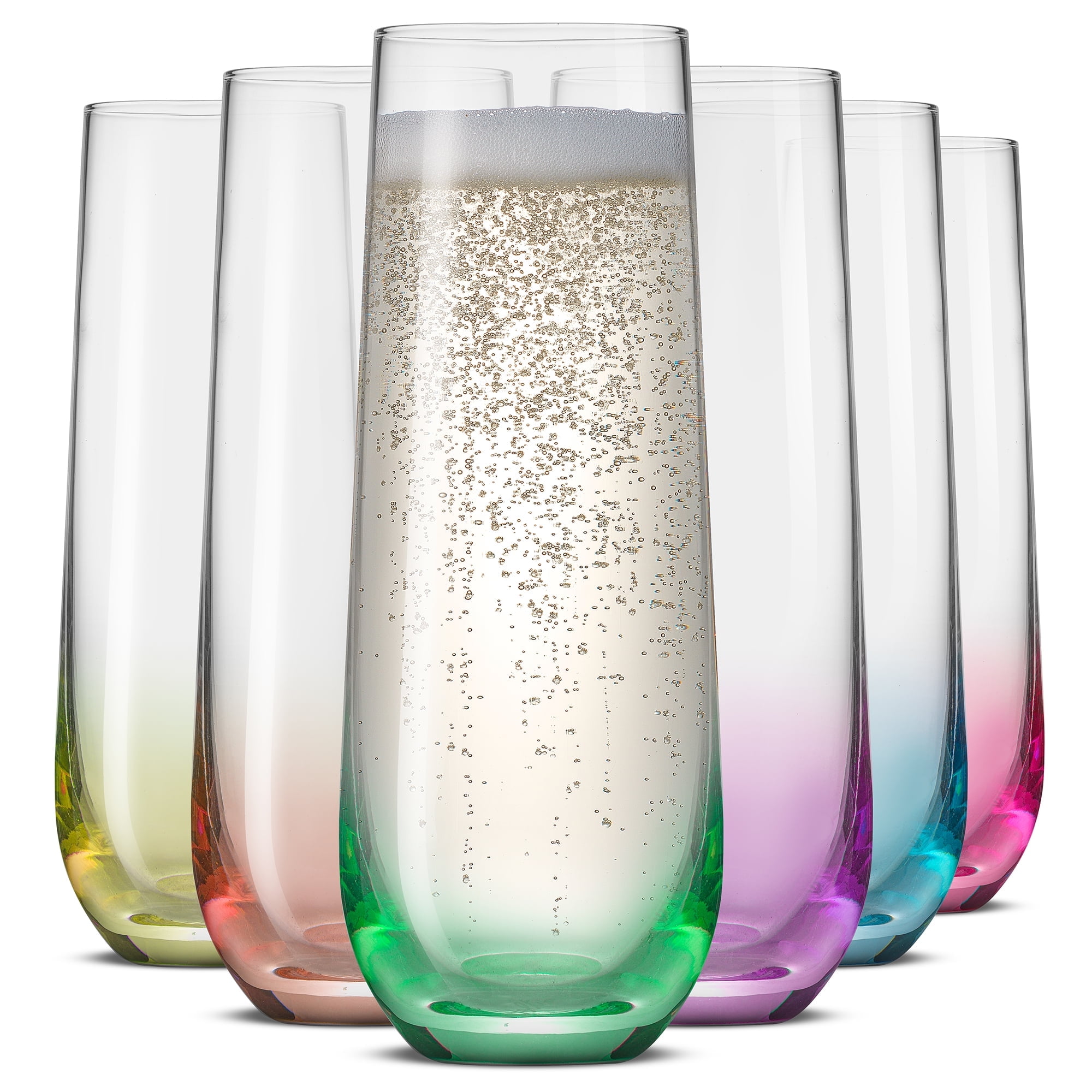 Hue Colored Stemless Champagne Glasses, Colorful Champagne Flutes, Mimosa Party Glasses (Set of 6)